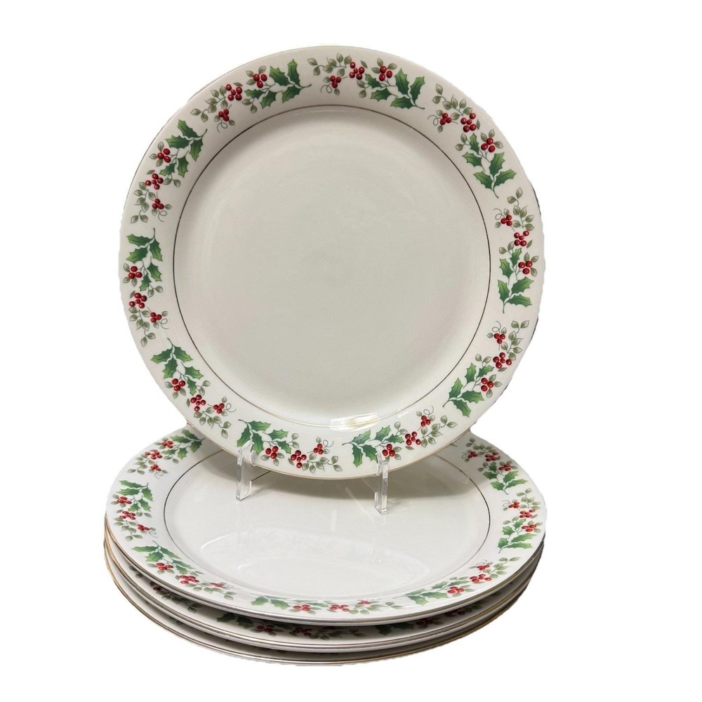 Gibson Holly Berries Dinner Plates Set of 4 Christmas Holiday China 9.5" Vintage